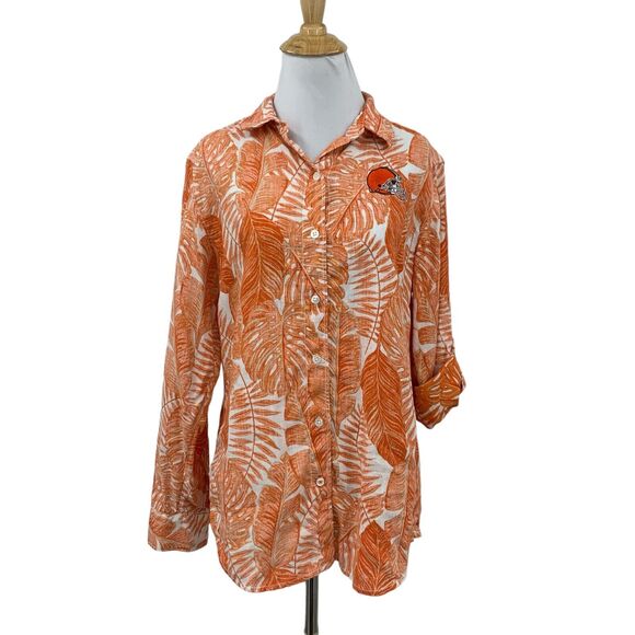 Tommy Bahama Shirt Womens S Tangerine Linen Hawaiian Frondly Fan Cleveland Brown - Picture 1 of 12